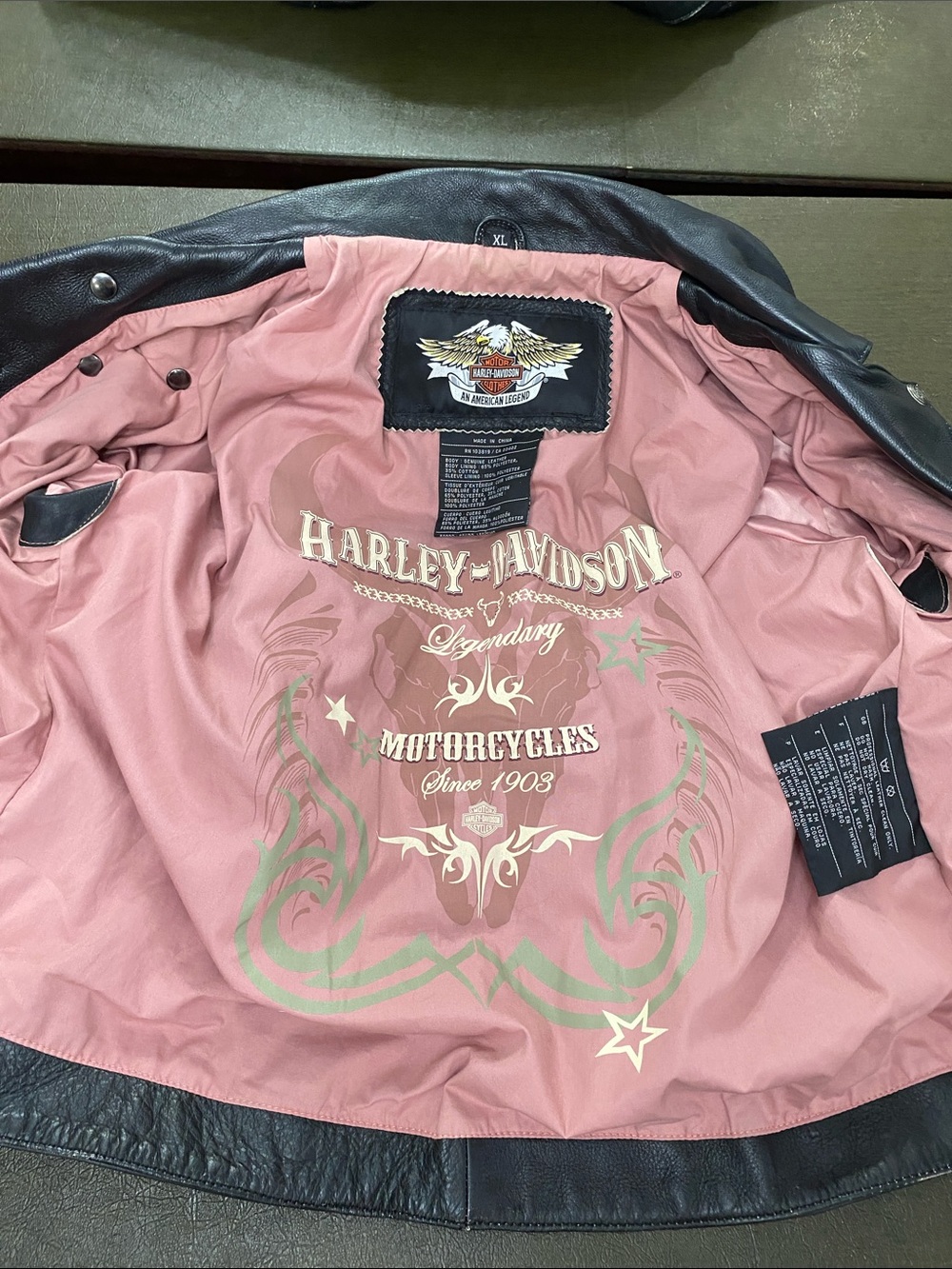 Harley-Davidson Legendary Black Leather  Moto Jacket Pink Lining Size XL